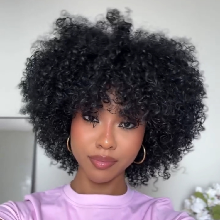Afro Curly Skin Base Wig Full Mechanism Human Hair Wig With Bangs- Rafarada