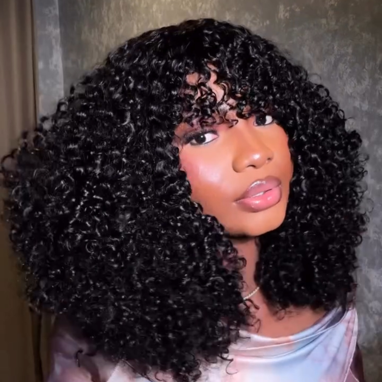 Glueless Kinky Curly Human Hair Wig with Bangs High Density Short Curly Bob Wig for Women - Rafarada