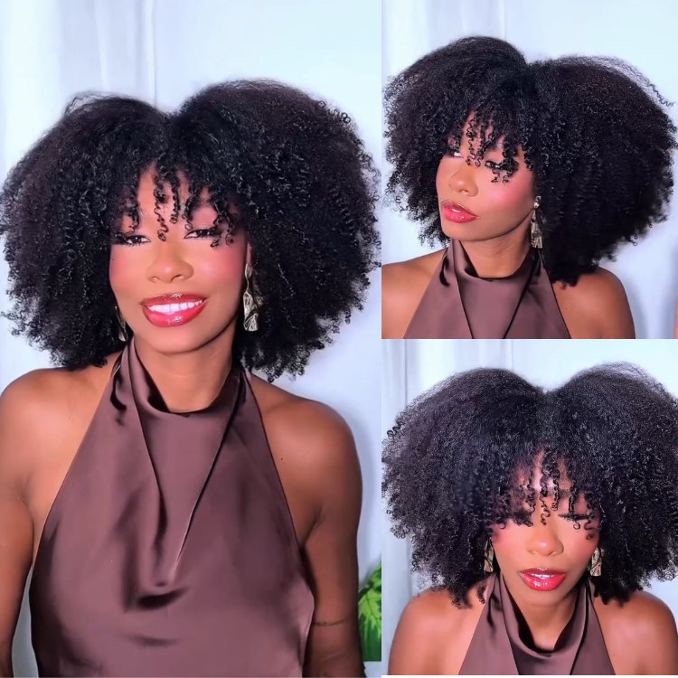 Kinky Straight with End Curl Human Hair Wig with Bangs for Women Afro Curly Glueless Wig Natural Black Color - Rafarada