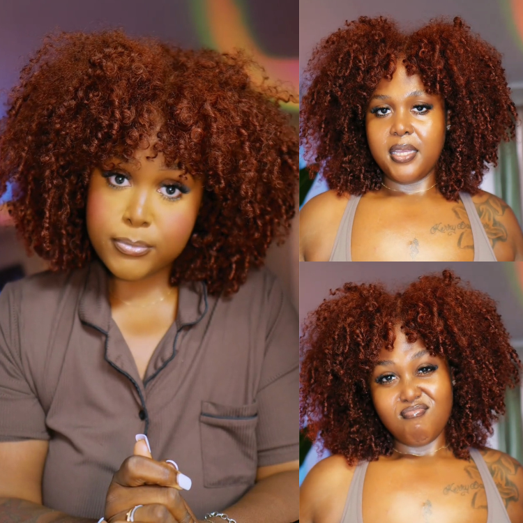 Ginger Copper Brown Curly Human Hair Wig with Bangs Glueless End Spiral Curl Wig for Beginner - Rafarada