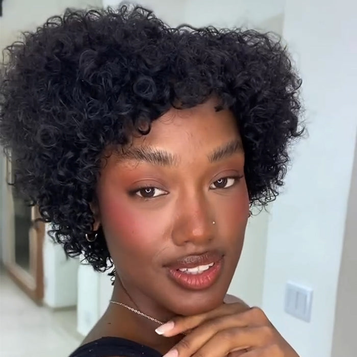 Short Curly Human Hair Wig Natural Black Glueless Pixie Cut Curly Wig for Black Women - Rafarada