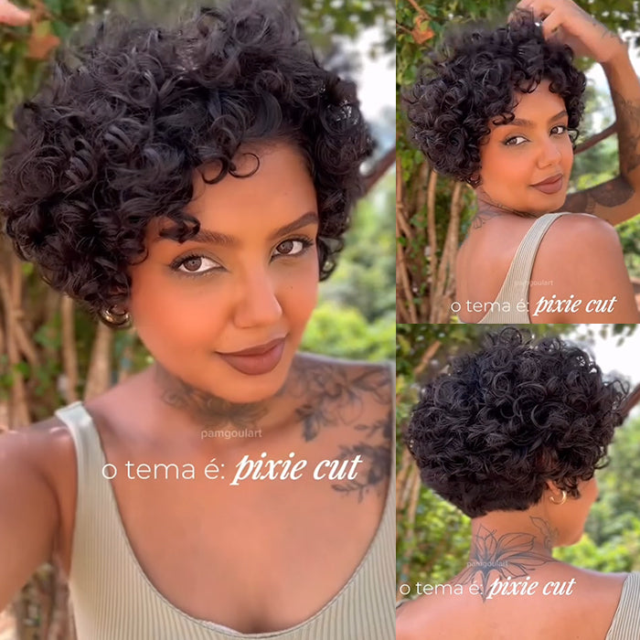 Bouncy Short Jerry Curly Pixie Cut Wig Natural Black Full Lace & Glueless Machine Made Human Hair - Rafarada