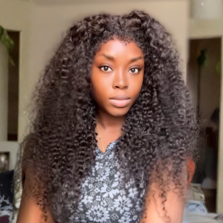 Deep Curly Glueless Human Hair Wigs with 4C Edges Curly Hairline Natural Black Lace Frontal Wig for Women - Rafarada