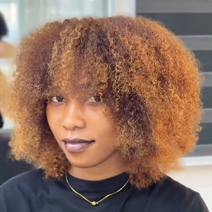 Afro Curly Human Hair Wig Highlight Brown Color Luxury Medium Wig With Bangs Bob Glueless Wig - Rafarada