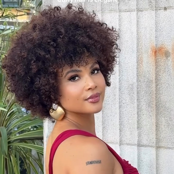 Afro Curly Human Hair Lace Front Wig Dark Brown Color Glueless Afro Textured Natural Wig With Bangs- Rafarada