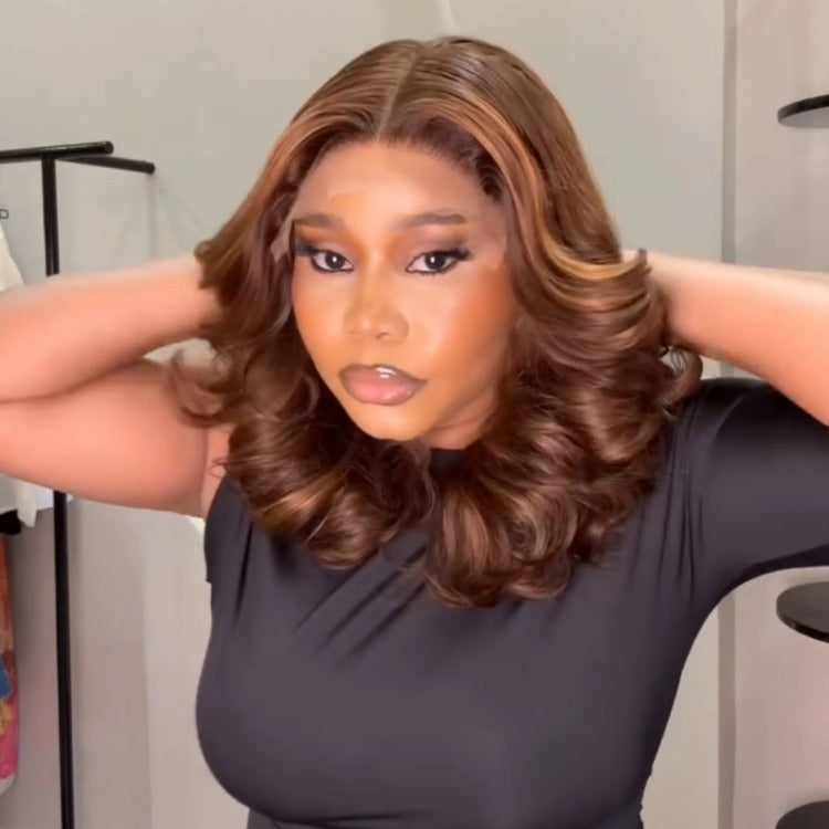 Honey Blonde Highlight Wear & Go Glueless Bouncy Body Wave Lace Front Human Hair Wigs - Rafarada