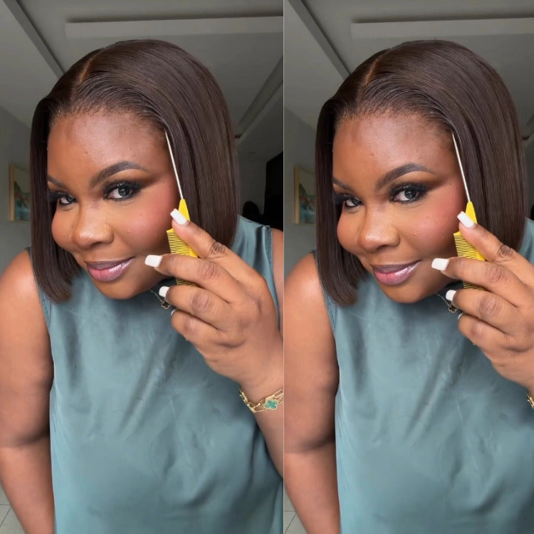 Dark Brown Color Bob Wig Straight Human Hair HD Lace Front Wig - Rafarada