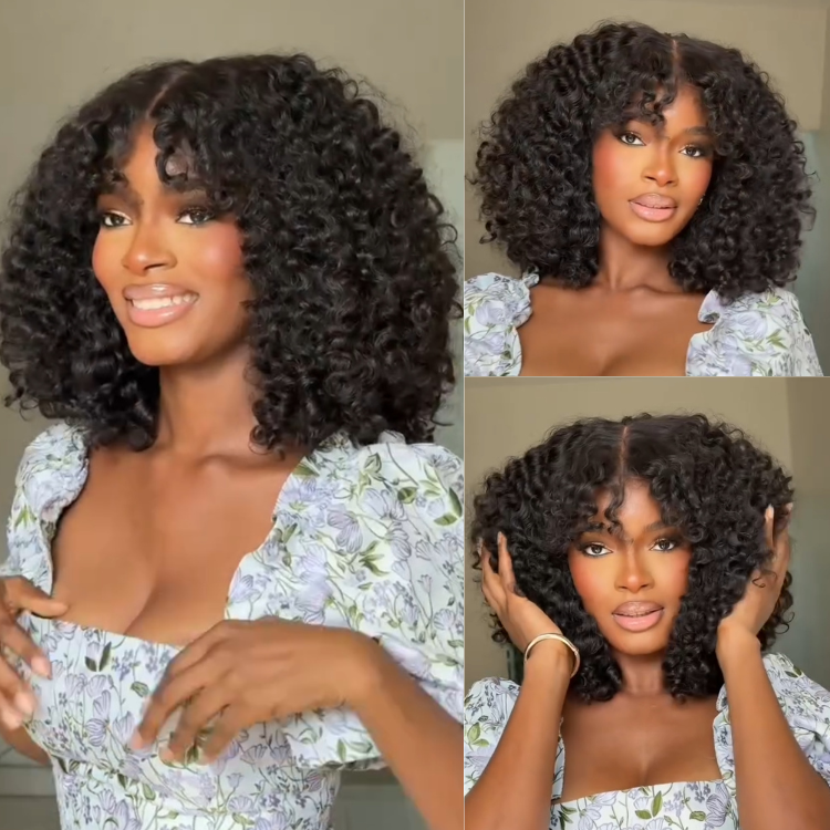 Wear and Go Glueless Deep Curly Wig with Bangs No Glue Human Hair Bob Wig Natural Black Jerry Curly - Rafarada