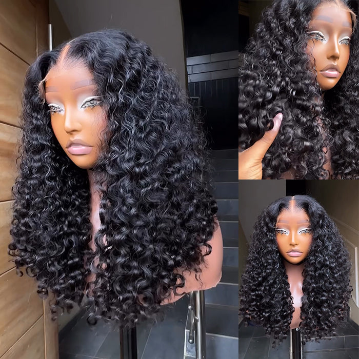 Lace Front Human Hair Wigs Water Wave Natural Black HD Transparent Lace Frontal Wig Deep Curly Human Hair Wigs for Women - Rafarada