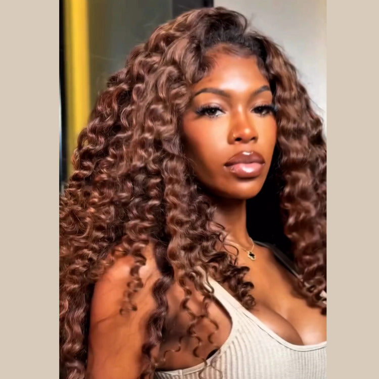 Ombre Light Brown Color Lace Front Wig Deep Curly Wave Human Hair Wig - Rafarada