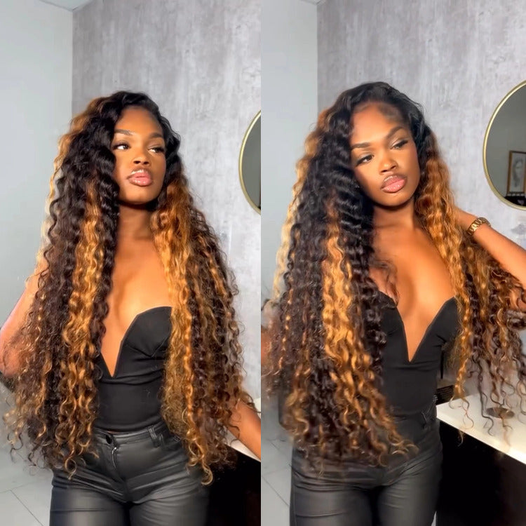 Highlight Honey Blonde Color Deep Wave Human Hair Wig Lace Front Wig - Rafarada