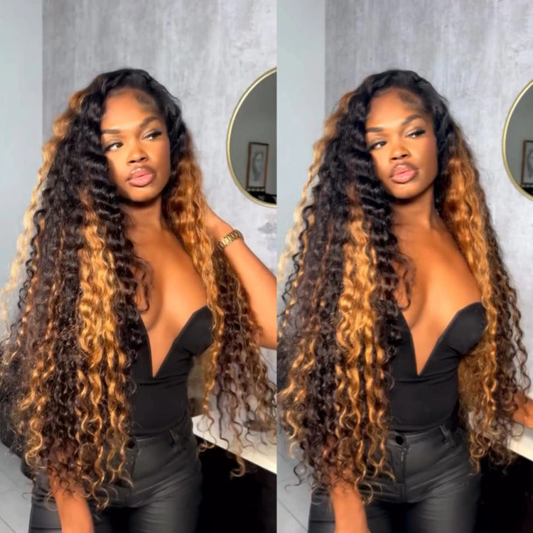 Highlight Honey Blonde Color Deep Wave Human Hair Wig Lace Front Wig - Rafarada