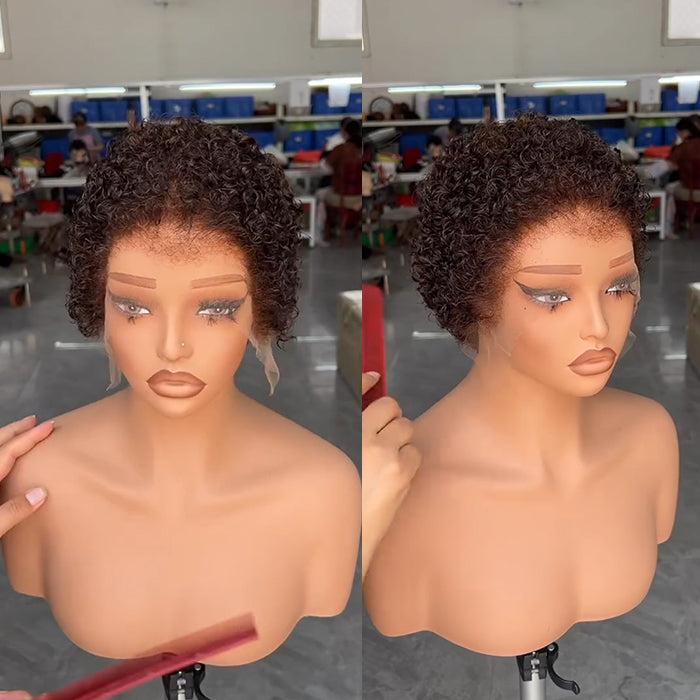 Short Pixie Cut Full Lace Natural Black Curly Human Hair Wig for Black Women Lace Front Wig with Edges Curly Bob Wig - Rafarada