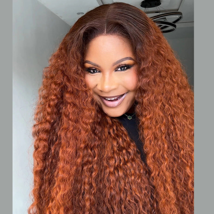 Ombre Dark Brown Ginger Lace Front Wig Water Wave Human Hair Wig - Rafarada