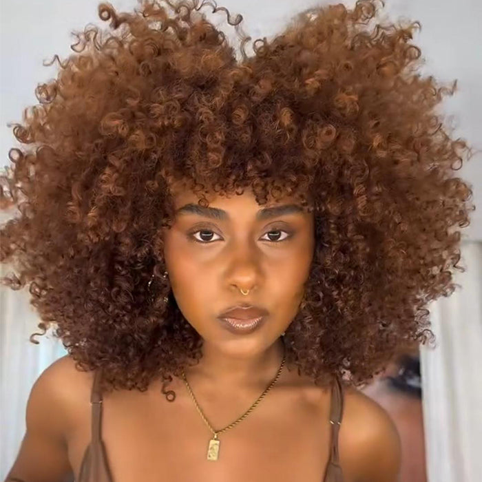 Auburn Brown Mix Mixed Curly Human Hair Wig Highlight Bouncy Curly 250% Density Lace Frontal Wig Natural Looking Glueless Wig - Rafarada
