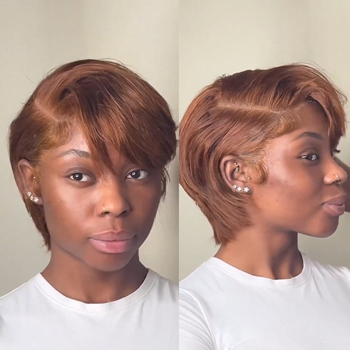 Ginger Copper Pixie Cut Human Hair Wig Short Straight Side Part Bob Full Lace Wig for Women - Rafarada