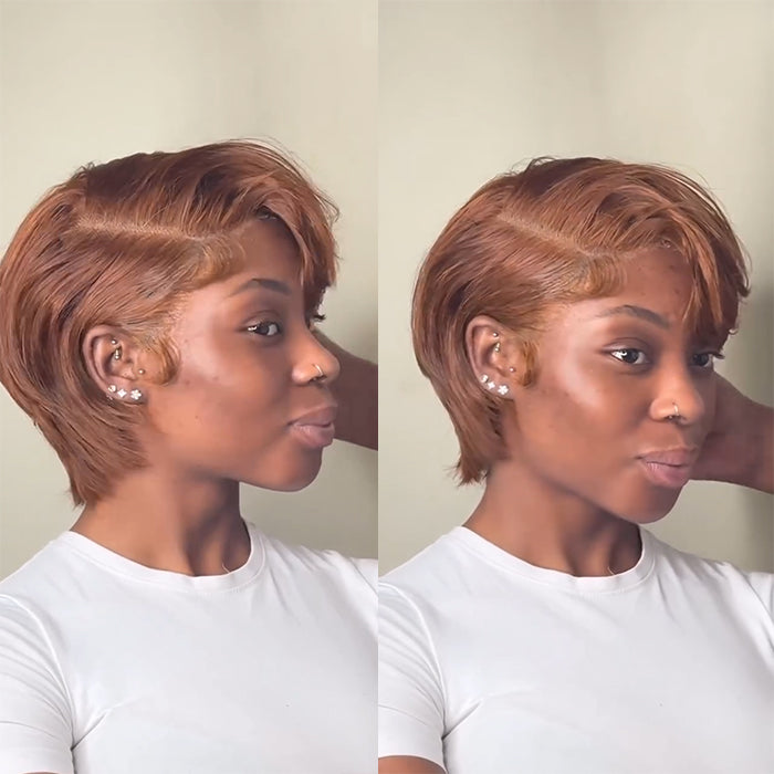 Ginger Copper Pixie Cut Human Hair Wig Short Straight Side Part Bob Full Lace Wig for Women - Rafarada