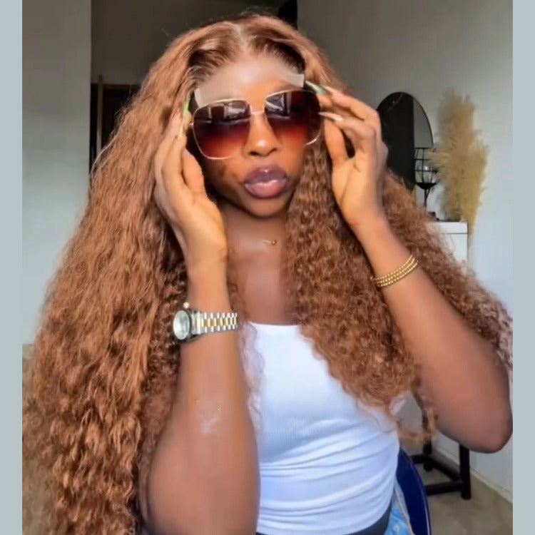 Golden Brown Color Deep Curly Wave Wig HD Transparent Lace Closure Wigs - Rafarada