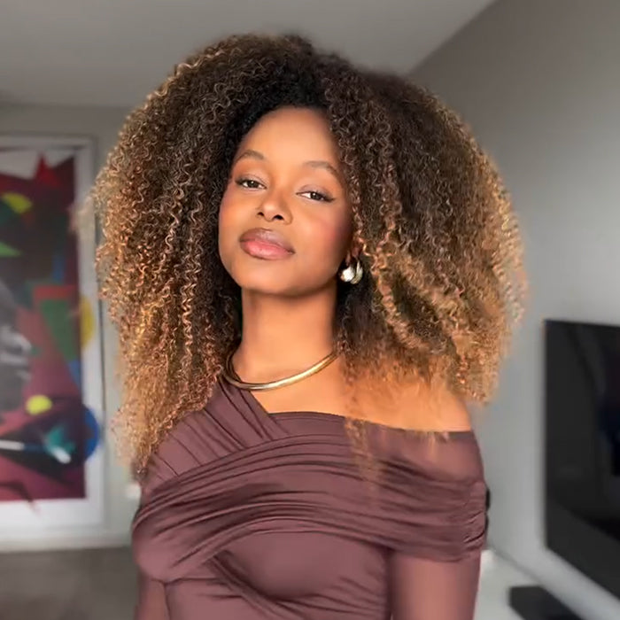 Kinky Curly Half Wig with Ombre Honey Blonde Highlights Color Afro Kinky Curly Human Hair Wigs for Women - Rafarada