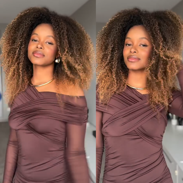 Kinky Curly Half Wig with Ombre Honey Blonde Highlights Color Afro Kinky Curly Human Hair Wigs for Women - Rafarada