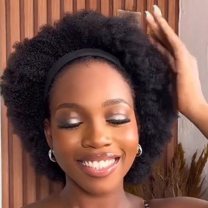 Afro Kinky Curly Headband Wig Natural Black Short Coily Puff Wig Beginner Friendly - Rafarada