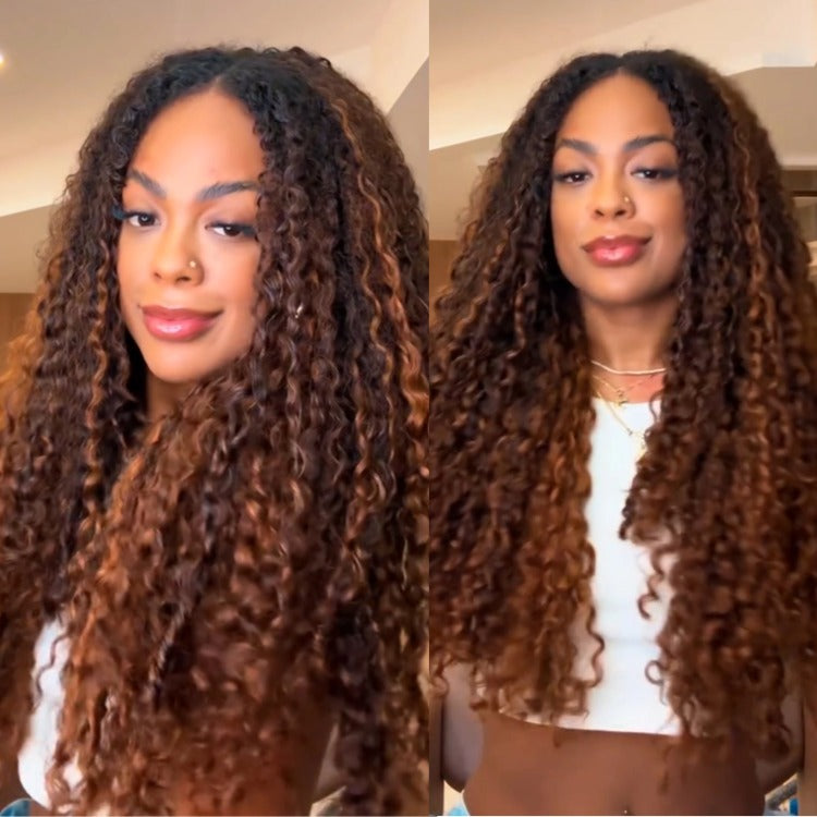 Highlight P4/27 Piano Color Curly Wig Lace Frontal Human Hair Wig Bouncy Ombre Brown Curly Wig Pre-plucked with Baby Hair - Rafarada