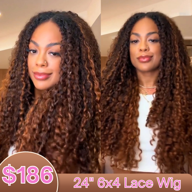 Highlight P4/27 Piano Color Curly Wig Lace Frontal Human Hair Wig Bouncy Ombre Brown Curly Wig Pre-plucked with Baby Hair - Rafarada