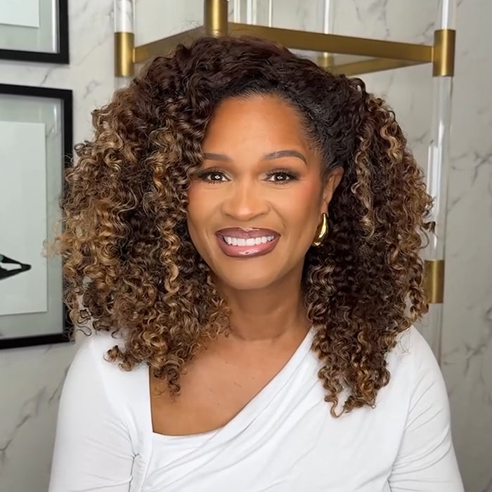 Honey Blonde Highlights on Dark Brown Small Deep Wave Human Hair Wig High Density Bouncy Curls Wig - Rafarada