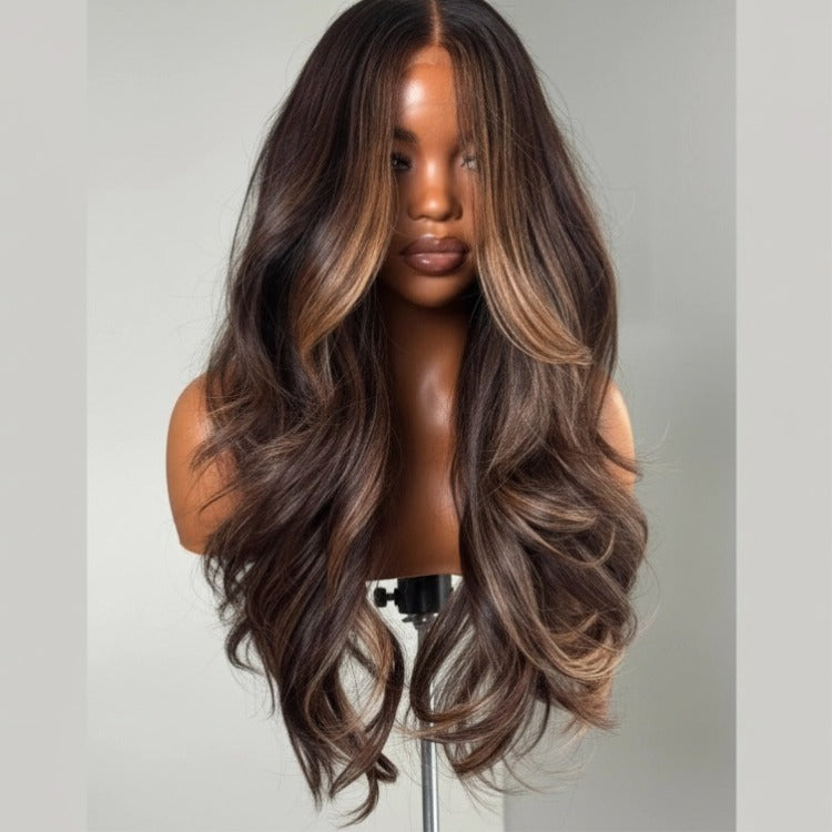 Dark Brown Loose Wave Wig with Blonde Face-Framing Highlights Human Hair Lace Wig - Rafarada