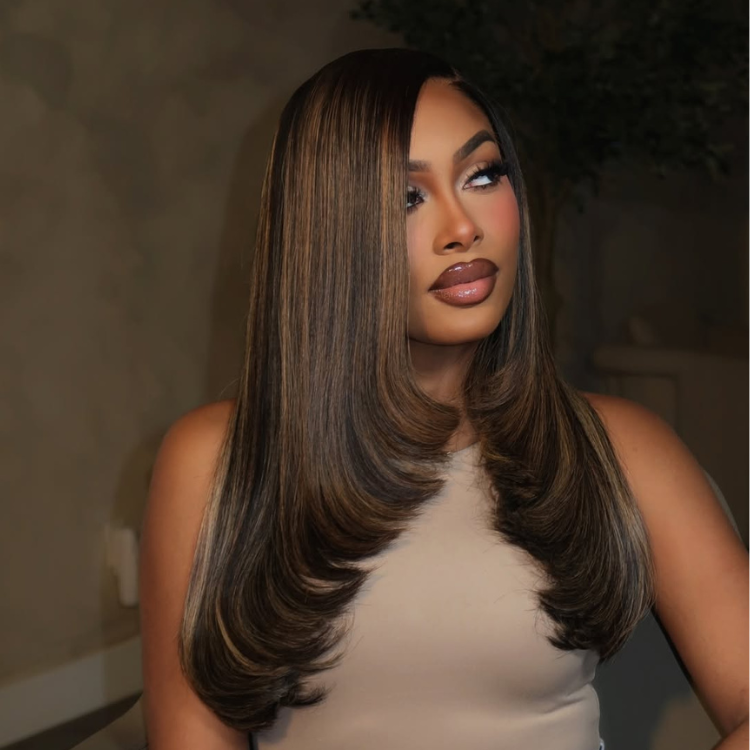 Caramel Brown Highlights Layered Straight Wig Lace Frontal Ombre Brown Human Hair Wig Pre-Plucked Face Framing Layers Wig - Rafarada