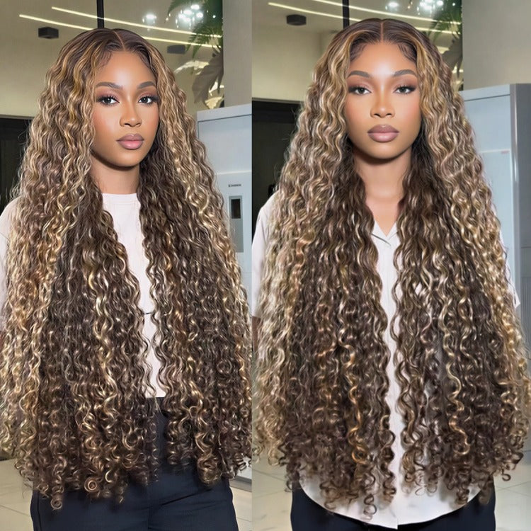 Honey Blonde Highlight Burmese Curly Lace Frontal Wig Brown Ombre Middle Part Human Hair Wig Luxury Piano Brown Mixed Blonde Wig - Rafarada