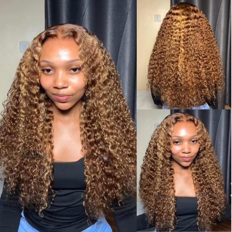 Honey Blonde Highlight Deep Curly Lace Front Wig P4/27 Piano Color Glueless Deep Wave Wig for Black Women - Rafarada