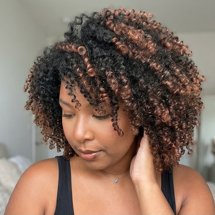 Highlight Copper Brown Mix Color Coily Curly Lace Front Human Hair Wigs Glueless Short Curly Bob Wig for Black Women - Rafarada
