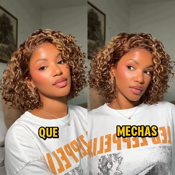 Honey Caramel Blonde Highlighted Short Curly Bob Wig Glueless Water Wave Lace Front Human Hair Wig - Rafarada