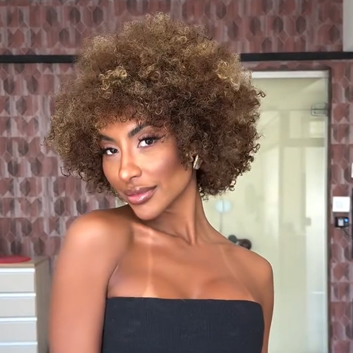 Highlight Color Afro Curls Human Hair Wig Glueless HD Lace Front Wig 4C Texture Glueless Lace Wig for Women - Rafarada