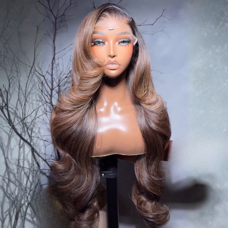 Glueless Cool Toned Brown Lace Wig Bouncy Big Curls Butterfly Cut Style Highlight Long Body Wave Hair 100% Raw Human Hair - Rafarada
