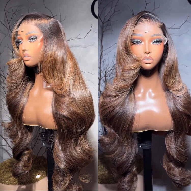 Glueless Cool Toned Brown Lace Wig Bouncy Big Curls Butterfly Cut Style Highlight Long Body Wave Hair 100% Raw Human Hair - Rafarada