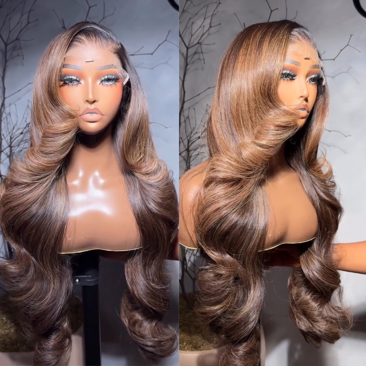 Glueless Cool Toned Brown Lace Wig Bouncy Big Curls Butterfly Cut Style Highlight Long Body Wave Hair 100% Raw Human Hair - Rafarada