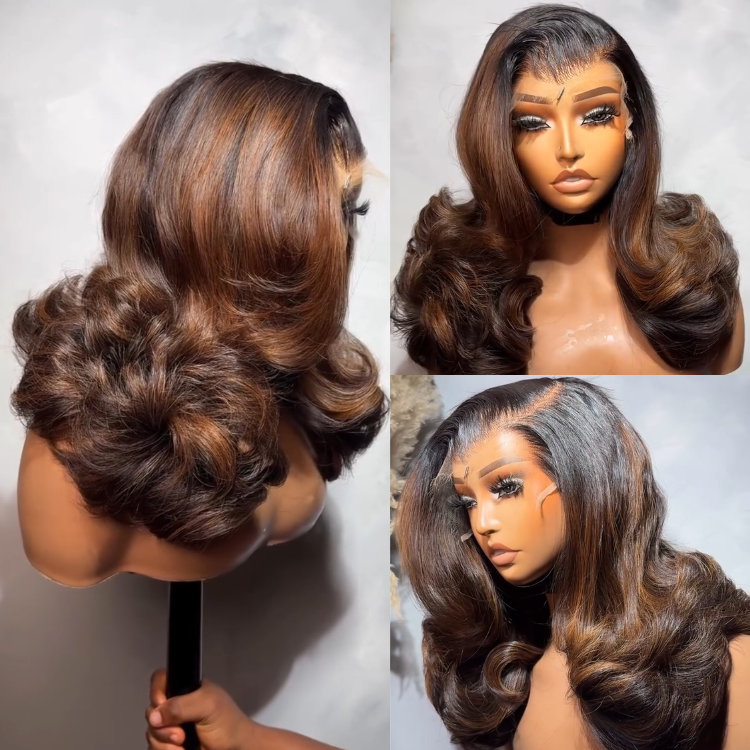 Highlight Brown Body Wave Lace Frontal Human Hair Wigs Transparent Lace Wig with End Bouncy Curls Ombre Brown Wig for Women - Rafarada