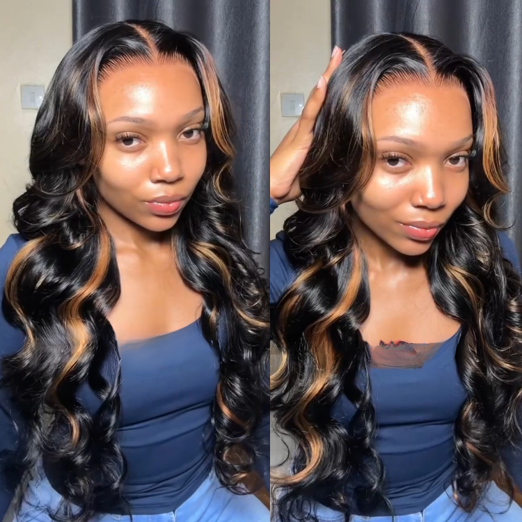Loose Body Wave Lace Front Wig with Caramel Honey Blonde Money Piece Highlights Glueless Pre-Plucked HD Lace Human Hair Wig - Rafarada