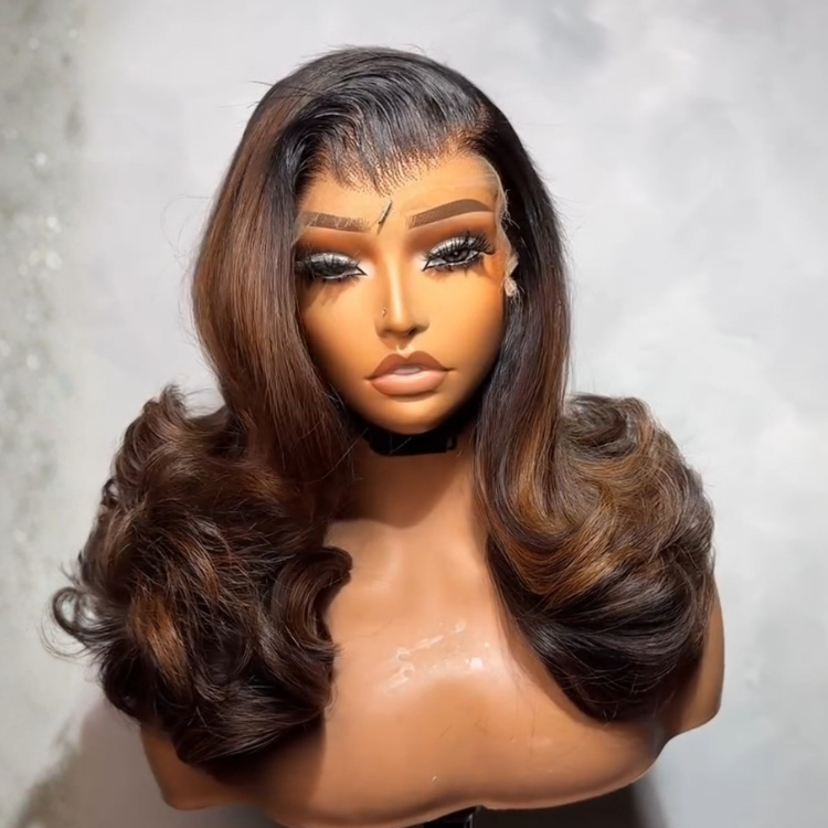 Highlight Brown Body Wave Lace Frontal Human Hair Wigs Transparent Lace Wig with End Bouncy Curls Ombre Brown Wig for Women - Rafarada