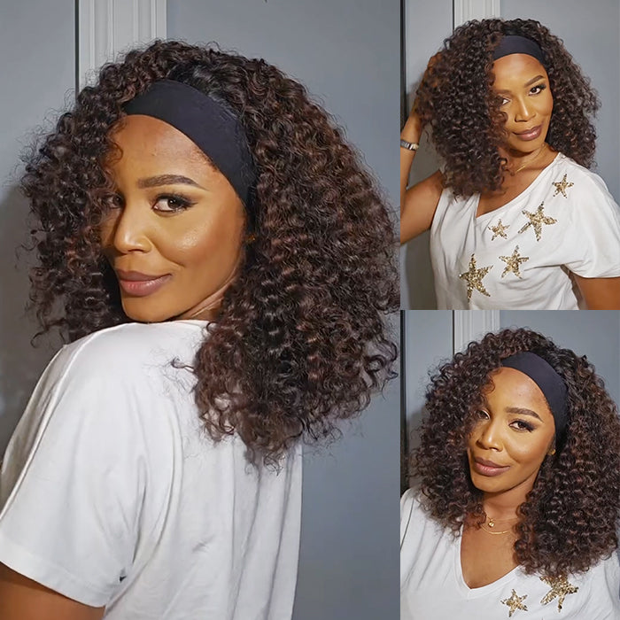 No Glue No Gel Deep Curly Headband Wig Natural Black Mixed Chocolate Brown Highlight Color Beginner Friendly - Rafarada