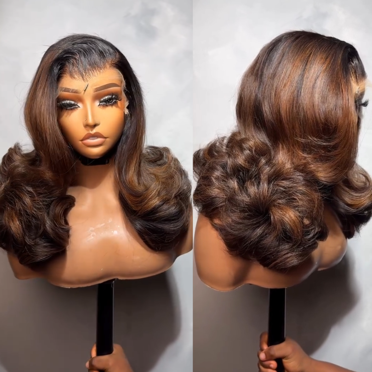 Highlight Brown Body Wave Lace Frontal Human Hair Wigs Transparent Lace Wig with End Bouncy Curls Ombre Brown Wig for Women - Rafarada