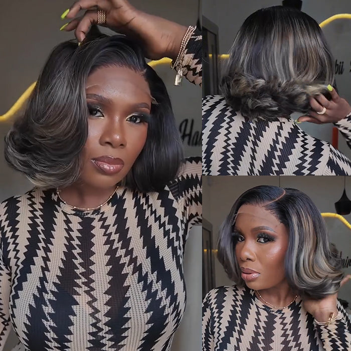 Highlight Color End Curl Bob Wig Layered Raw Human Hair Loose Wave Lace Front Wig - Rafarada
