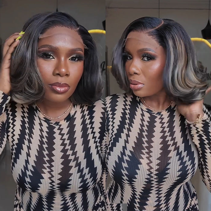 Highlight Color End Curl Bob Wig Layered Raw Human Hair Loose Wave Lace Front Wig - Rafarada
