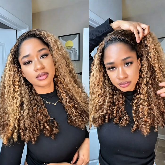 Glueless 3/4 Half Wig Human Hair Burmese Curly P4/27 Highlight Honey Blonde Half Wig for Women - Rafarada
