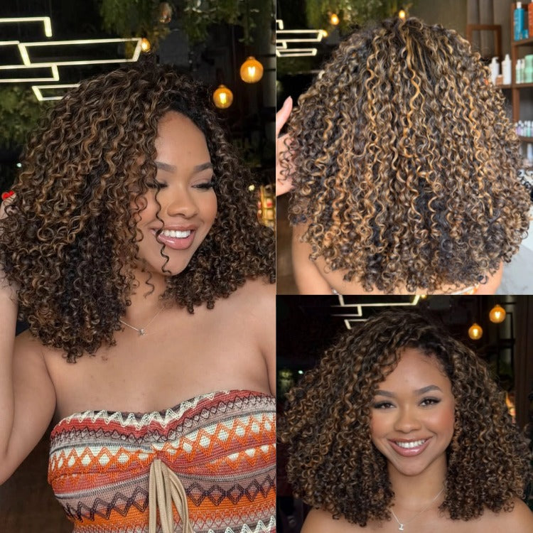 Honey Blonde Highlight Jerry Curly Lace Front Human Hair Wigs High Density Piano Color Brown & Blonde Mixed Curly Wig - Rafarada