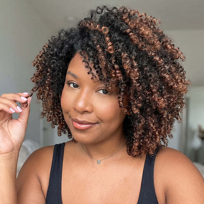 Highlight Copper Brown Mix Color Coily Curly Lace Front Human Hair Wigs Glueless Short Curly Bob Wig for Black Women - Rafarada