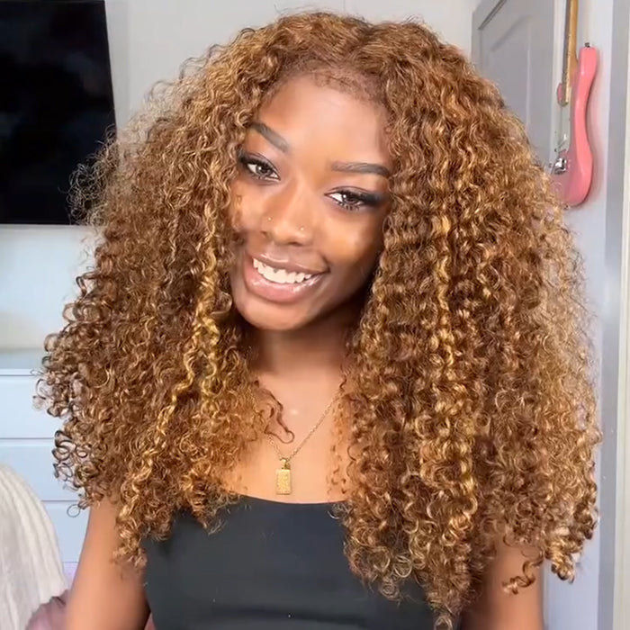 Piano Highlight Kinky Jerry Curly Lace Wig Honey Blonde High Density Human Hair with Baby Hair Wig - Rafarada