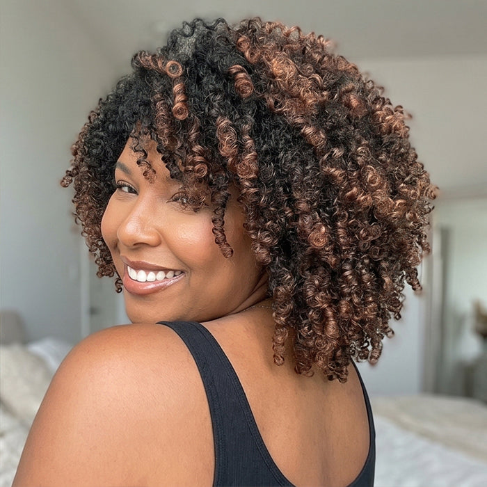Highlight Copper Brown Mix Color Coily Curly Lace Front Human Hair Wigs Glueless Short Curly Bob Wig for Black Women - Rafarada